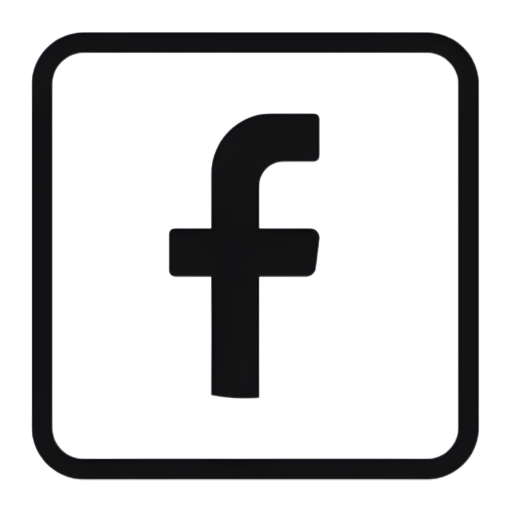 Icono de Facebook en contorno negro dentro de un cuadrado con esquinas redondeadas sobre fondo transparente.