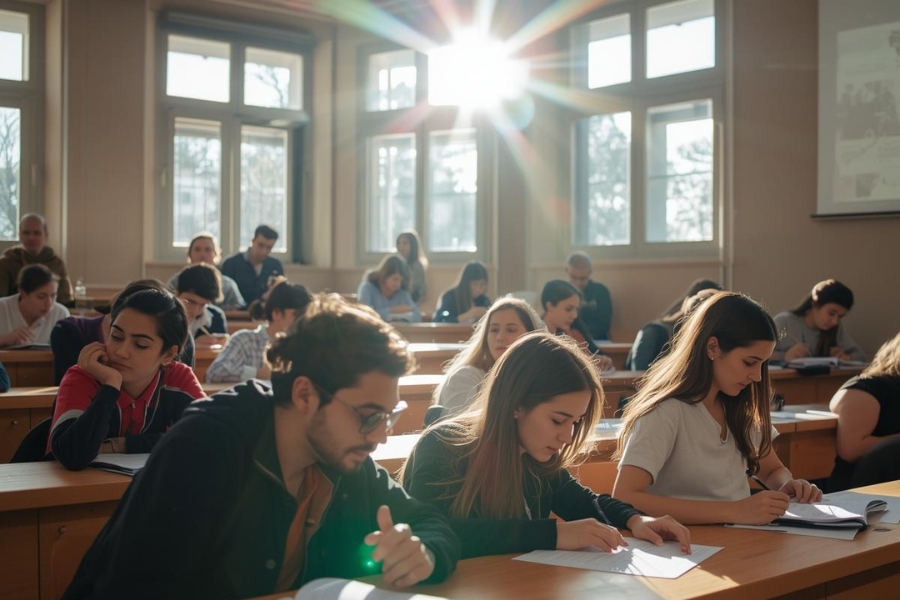 Estudiantes jóvenes realizando un examen escrito en un gran aula luminosa, representando refuerzo académico para PAU y acceso a universidad privada.