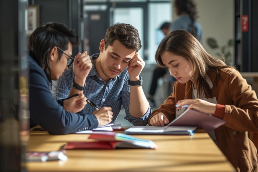 Tres estudiantes jóvenes estudiando juntos en una mesa con cuadernos y bolígrafos, en sesión de refuerzo académico para PAU y acceso a universidad privada.