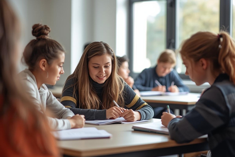 Grupo de estudiantes adolescentes realizando refuerzo escolar en el aula, trabajando juntos con cuadernos y bolígrafos alrededor de una mesa.